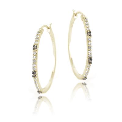 Gold Tone over Sterling Silver .06ct Champagne Diamond & White Topaz Hoop Earrings