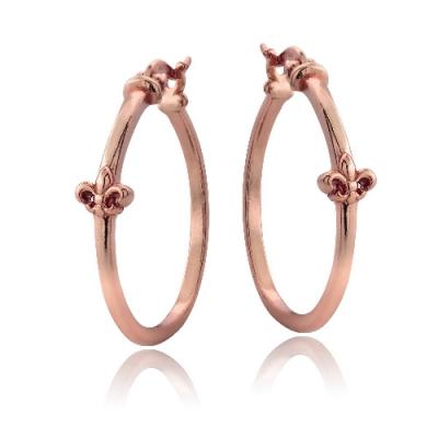 Rose Gold Tone over Sterling Silver Fleur de Lis Polished Hoop Earrings