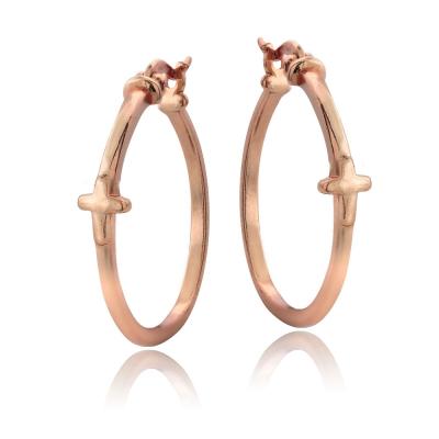 Rose Gold Tone over Sterling Silver Cross Polished Hoop Earrings