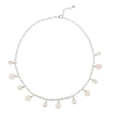 Sterling Silver Freshwater Cultured White Pearl & Rose Quartz Dangle Necklace