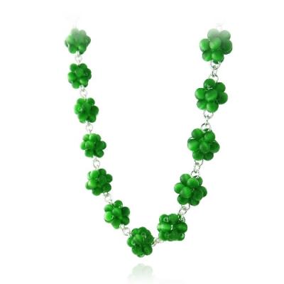 Sterling Silver Dark Green Cats Eye Bead Cluster Necklace
