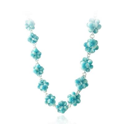 Sterling Silver Teal Cats Eye Bead Cluster Necklace