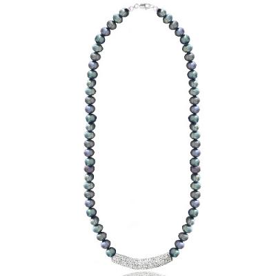 Peacock Freshwater Cultured Pearl & Crystal Bar Necklace