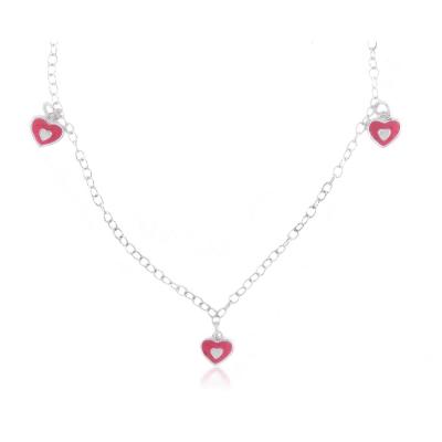 Sterling Silver Pink Enamel Hearts Charm Girls Necklace