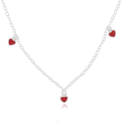 Sterling Silver Red Enamel Hearts Charm Girls Necklace