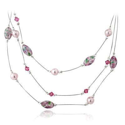 Sterling Silver Hand Blown Millefiori Pink Oval Artisan Glass, Crystals, Beads & Pearls Graduating 3 Row Necklace
