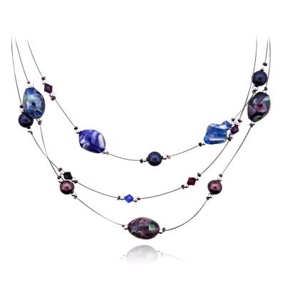 Sterling Silver Hand Blown Millefiori Blue Twist & Oval Artisan Glass, Crystals and Pearls Graduating 3 Row Necklace