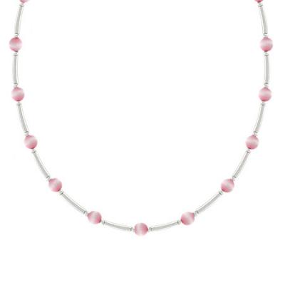 Sterling Silver 4mm Simulated Pink Cats Eye Bar & Bead Necklace