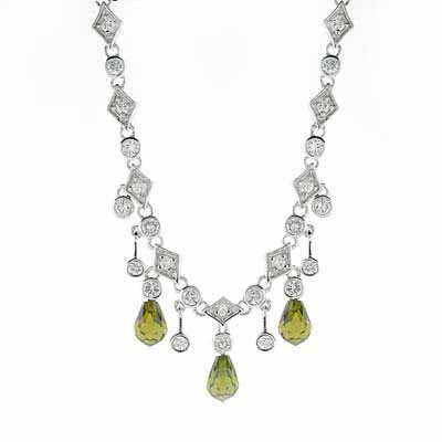 Glamorous evening Antique Simulated Diamond CZ Necklace with Olive Green CZ