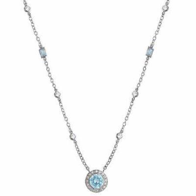 Sterling Silver Simulated Diamond and Aquamarine cz Rolo Link Necklace