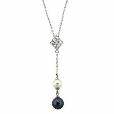 Sterling Silver Simulated Diamond cz and Simulated Gray and White Pearl Necklace