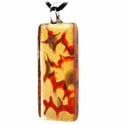 Murano Glass Bronze Gold Color Glitter, Brown Orange Rectangle Silk Pendant Necklace