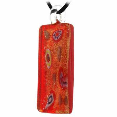 Murano Glass Millefiori Gold Color Glitter, Red, White, and Blue Rectangle Silk Pendant Necklace