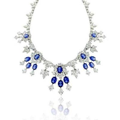 Estate Sterling Silver .925 Simulated Diamond &Tanzanite cz Stone WaterFall Necklace