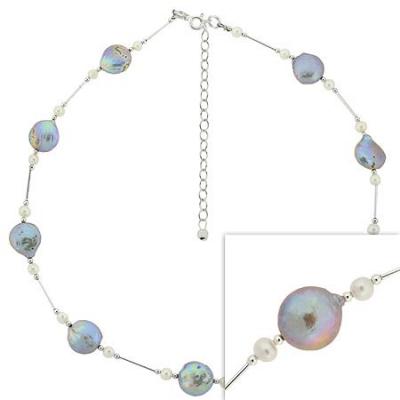 Sterling Silver .925 Iridescent Round Genuine Freshwater Cultured Gray Coin Pearl & White Pearl Bead & Bar Necklace 16-20'