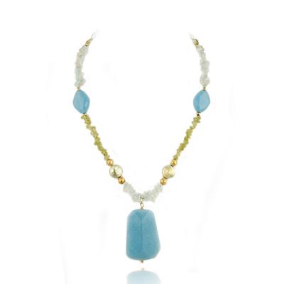 18K Gold over Silver Blue Quartz, Peridot Chips, Beads, Coin Pearls & Dangling Blue Quartz Stone Fashion Necklace