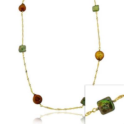 18K Gold over Sterling Silver Freshwater Cultured Green & Champagne Coin Pearl Chain Necklace