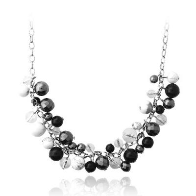 Stainless Steel Onyx, White Howalite, & Hematite Cluster Bead Necklace