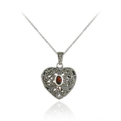 Sterling Silver Marcasite & Garnet Heart Locket Pendant