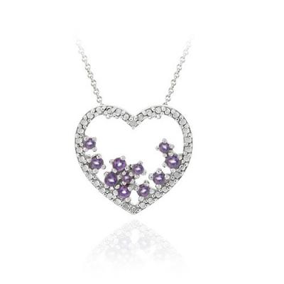 Sterling Silver Amethyst Cluster & Diamond Accent Open Heart Slide Pendant