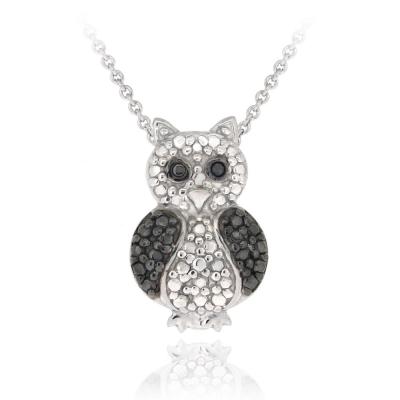 Sterling Silver Black Diamond Accent Owl Pendant