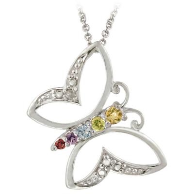 Sterling Silver Multi Gemstone & Diamond Accent Open Butterfly Pendant
