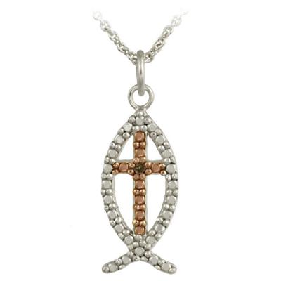 Sterling Silver Two-tone Rose Gold Champagne Diamond Accent Novelty Religious fish Pendant