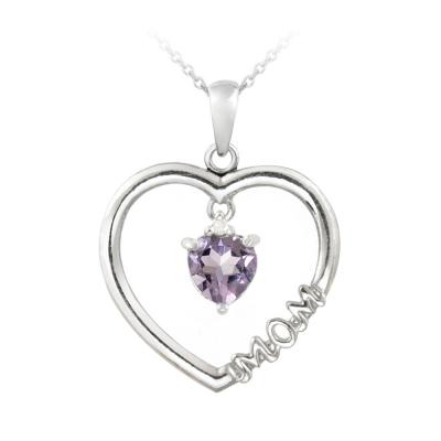 Sterling Silver Dangling Amethyst & Diamond Accent 'Mom' Open Heart Necklace
