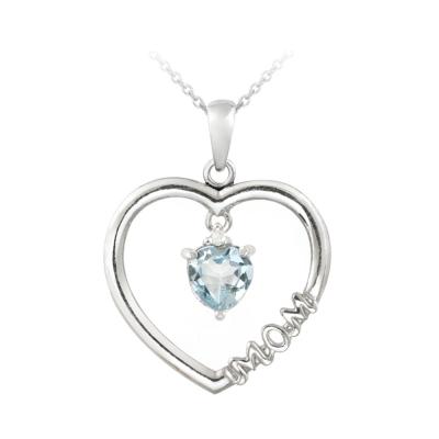 Sterling Silver Dangling Blue Topaz & Diamond Accent 'Mom' Open Heart Necklace