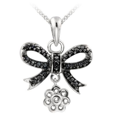 Sterling Silver Black Diamond Accent Dangling Flower Bow Necklace