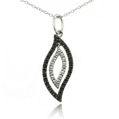Sterling Silver Black Diamond Accent Double Leaves Necklace