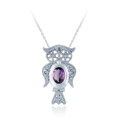 Sterling Silver Amethyst & Diamond Accent Owl Necklace