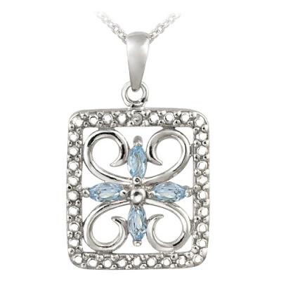 Sterling Silver Blue Topaz & Diamond Accent Filigree Flower Design Necklace