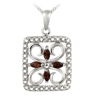Sterling Silver Garnet & Diamond Accent Filigree Flower Design Necklace