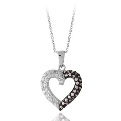 Sterling Silver Light Pink  & White CZ Open Heart Necklace
