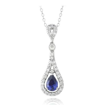 Sterling Silver Created Blue Sapphire & CZ Teardrop Necklace
