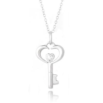 Sterling Silver CZ Heart Key Necklace