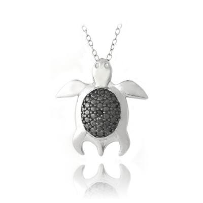 Sterling Silver Black Diamond Accent Sea Turtle Necklace