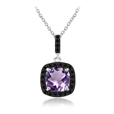 Sterling Silver 3ct Amethyst & Black Spinel Square Necklace