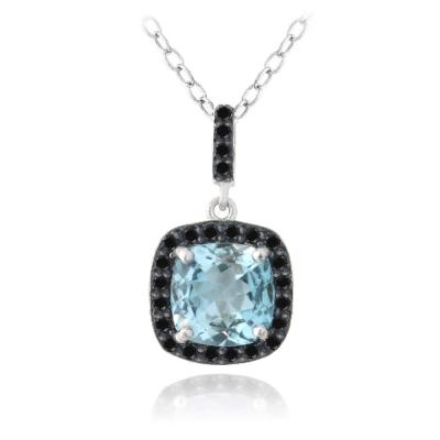 Sterling Silver 4ct Blue Topaz & Black Spinel Square Necklace