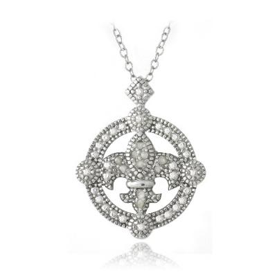 Sterling Silver 1/10ct Diamond Fleur De Lis Round Filigree Necklace