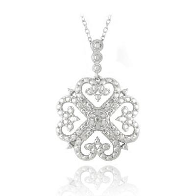Sterling Silver 1/10ct Diamond Heart Clover Filigree Dangle Necklace