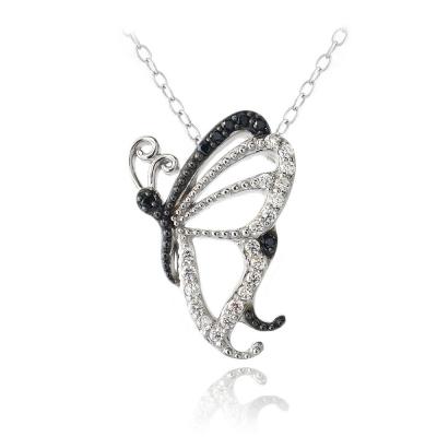 Sterling Silver Black & White CZ Butterfly Necklace