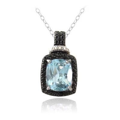 Sterling Silver 4ct Blue Topaz & Black Diamond Accent Rectangle Necklace