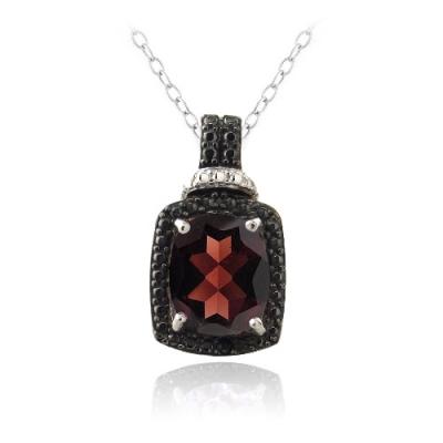 Sterling Silver 4ct Garnet & Black Diamond Accent Rectangle Necklace