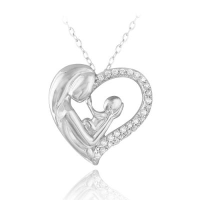 Sterling Silver CZ Mother Holding Baby Heart Necklace