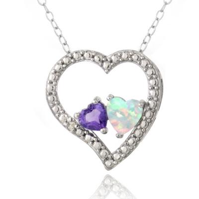Sterling Silver Diamond Accent Amethyst & Created White Opal 3 Floating Heart Necklace