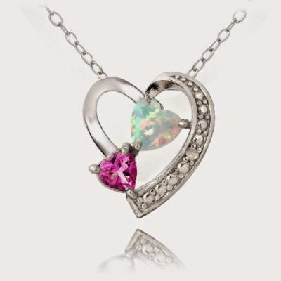 Sterling Silver Diamond Accent Created Pink Sapphire & White Opal Triple Heart Necklace