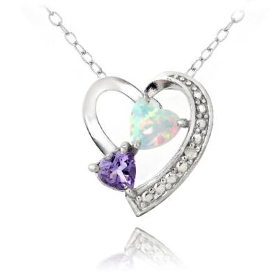 Sterling Silver Diamond Accent Amethyst & Created White Opal Triple Heart Necklace