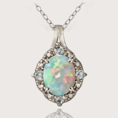 Sterling Silver Diamond Accent Created White Opal & Blue Topaz Oval Necklace